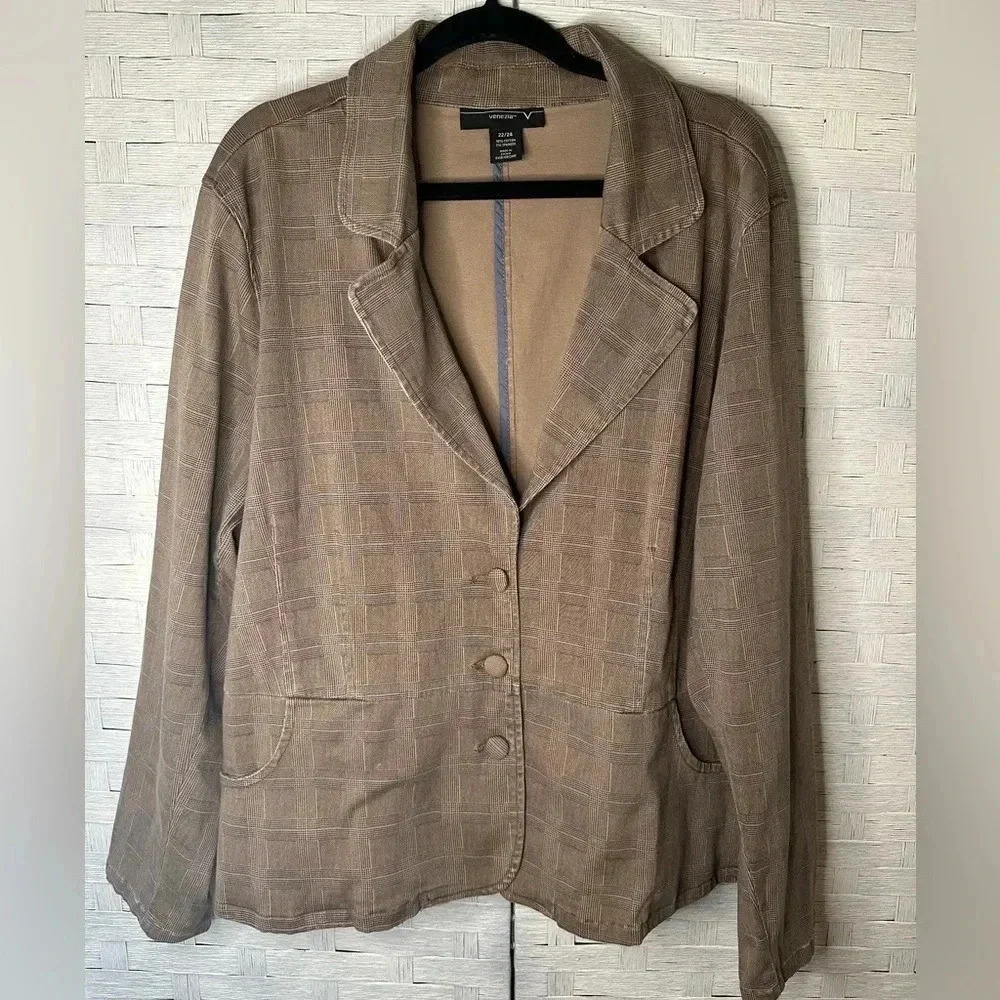 Venezia Womens blazer plaid, brown tan hint of blue packets, Y2K 90s Plus‎ size